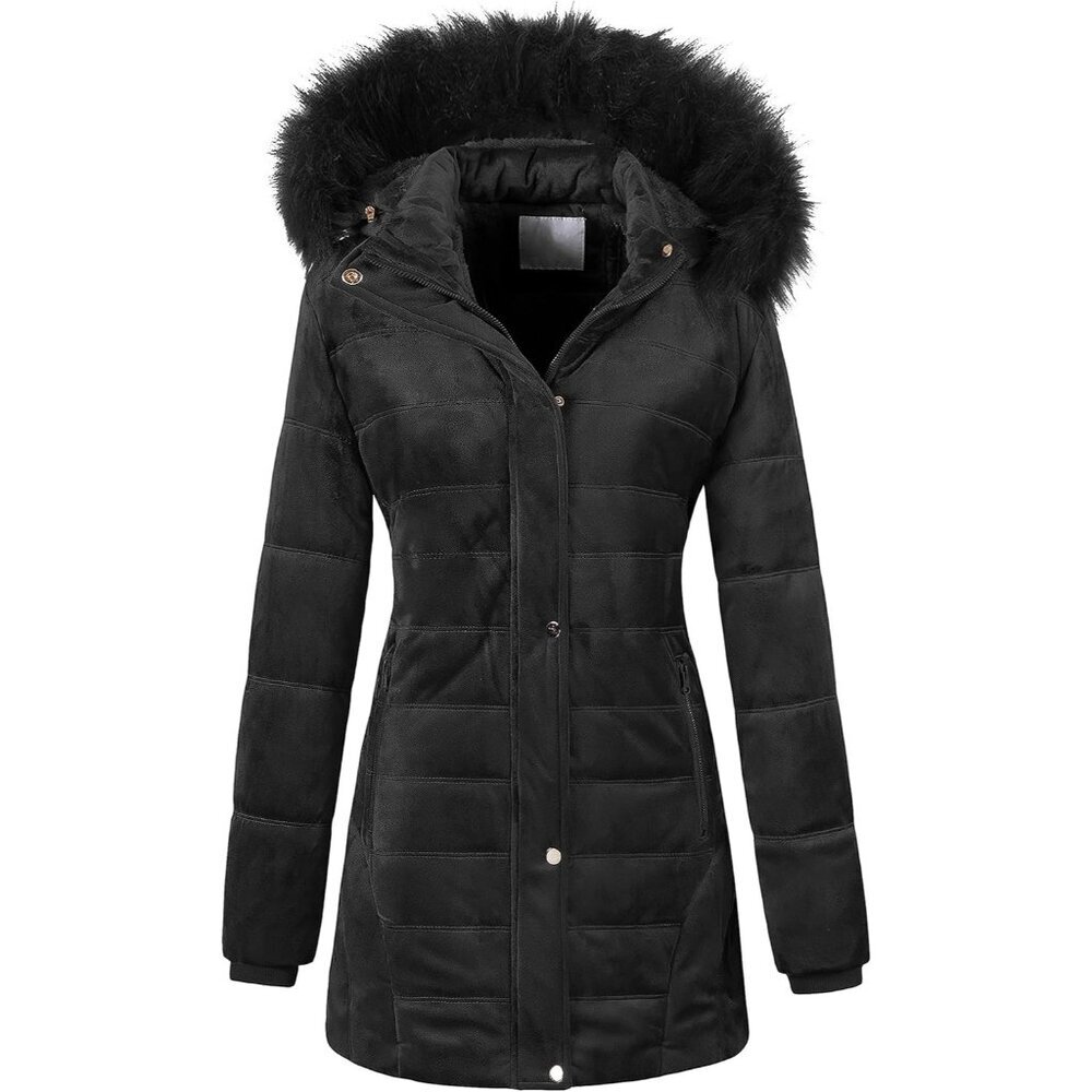 Women's Black Quilted Puffer Jacket Coat Warm Winter Button Faux Fur Hood